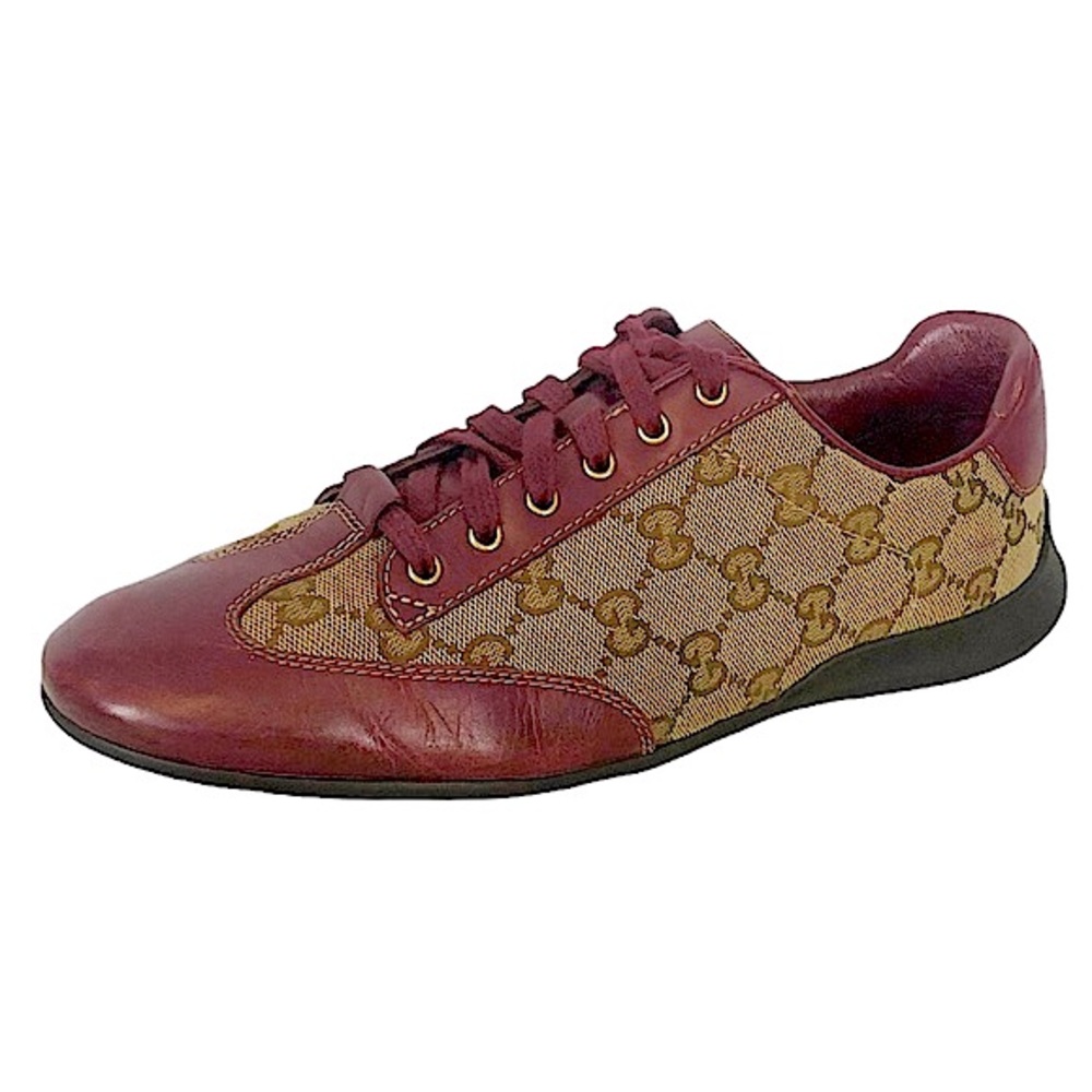 GUCCI Maroon Leather Tan Monogram Lace Up Sneakers 270105